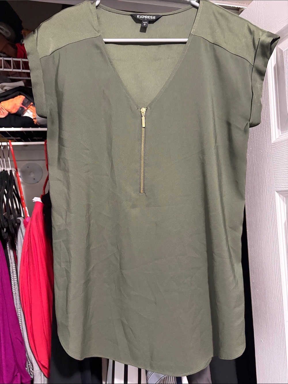 Express Olive Green V-Neck Zip-Front Short Sleeve Blouse